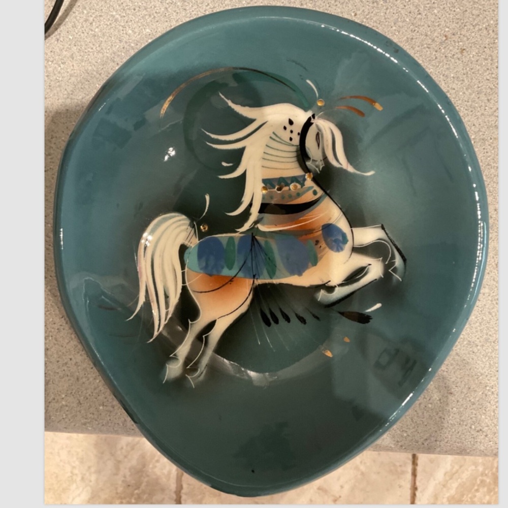 Vintage Sascha Brastoff Hand Painted Pottery Prancing Horse Bowl Dish Signed MCM